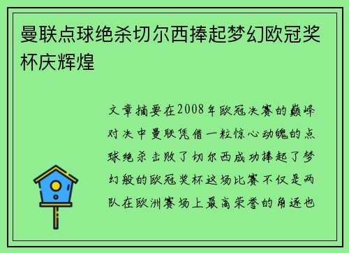 曼联点球绝杀切尔西捧起梦幻欧冠奖杯庆辉煌